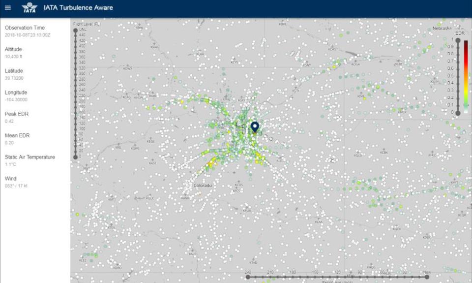 IATA Turbulence Aware Viewer. Color-coded turbulence reports are presented on a map. White dots represent areas of no turbulence and colored dots represent the ​intensity of turbulence as per the scale on the right.