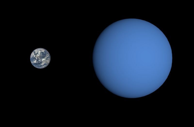 Earth next to a larger featureless blue planet.