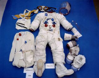 Neil A. Armstrong's spacesuit, separated into pieces as it was before being assembled before the flight.