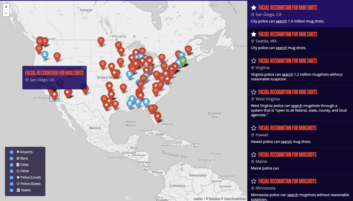 A screenshot of Fight for the Future’s map detailing instances of facial recognition technology use and challenges across the US.