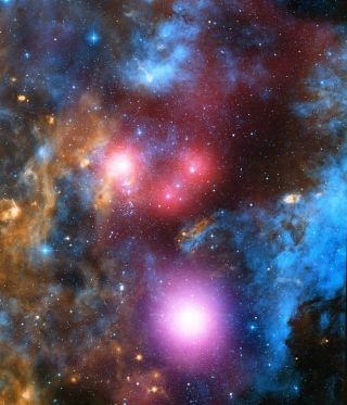 Cygnus OB2 is full of massive, young stars that will die relatively quickly. Chandra data is shown in red and points of blue. Patches of blue were observed with the Newton telescope and orange data was gathered in the infrared by the Spitzer Space Telescope.