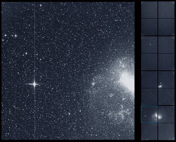 A snapshot by TESS of the Large Magellanic Cloud, right, and the bright star R Doradus, left, taken Aug. 7, 2018. The frame is part of a swath of the southern sky captured by TESS during its initial round of data collection.