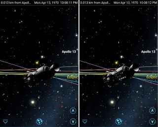 Sit back and watch events unfold in the app - or use SkySafari’s time flow controls to pause, rewind, or change the speed of the action. These two frames show the spacecraft before and after Apollo 13’s catastrophic Cryotank explosion, which occurred on Monday, April 13, 1970 at 10:08:11 pm Eastern Time. 