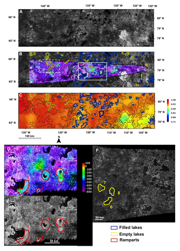 Filled and empty lakes on Titan. Spectral data showed that the floors of empty lakes and the ramparts surround some lakes are made from or are coated with the same material. Credit: NASA/JPL-Caltech/ASI; ESA/A. Solomonidou et al. (2019) 