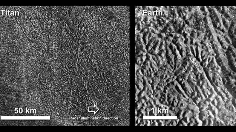 An image of Titan's labyrinth terrain compared to an area of canyons on Earth. The Earth photo is from the island of Java in Indonesia, in an area called Gunung Kidul. Image Credit: NASA/Cassini