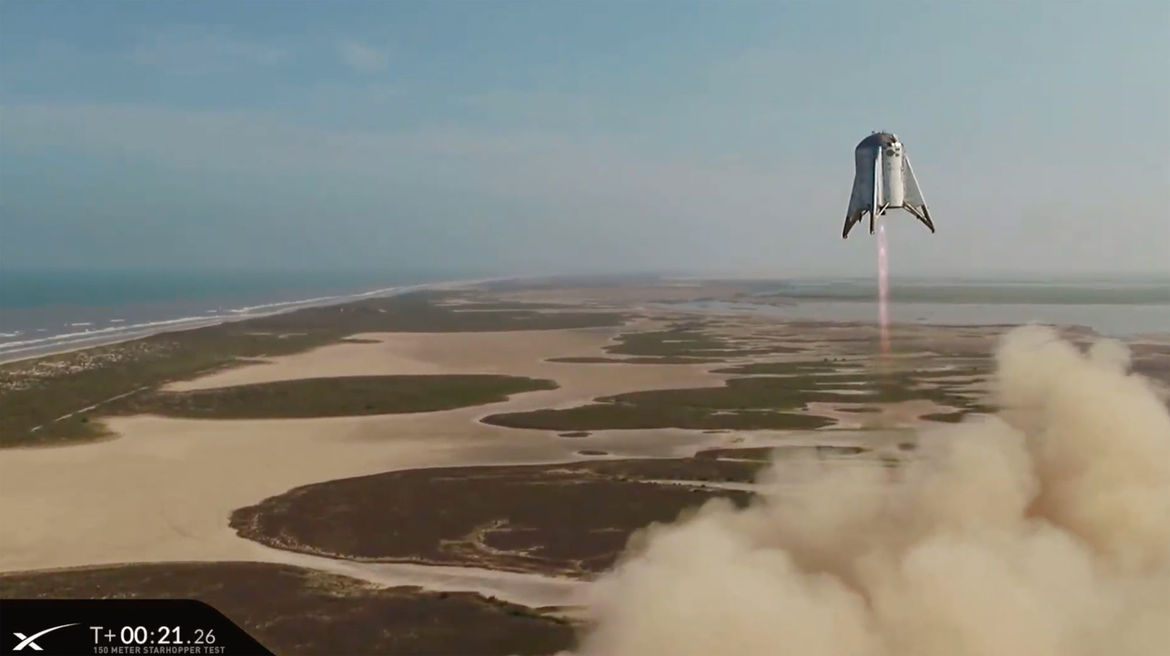 The SpaceX Starhopper test vehicle during its 150-meter test flight on August 27, 2019. Credit: SpaceX (captured from the live video stream)