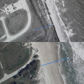 Models project that the ocean near Cape Canaveral’s coastline will rise between five to eight inches by the 2050s. The top photo shows the distance between a launch site and the coastline during the 1960's. The bottom photo shows the current proximity of the coastline to the same historic launch site.