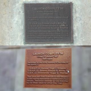 A plaque honoring the three astronauts killed in the Apollo 1 fire on Launch Complex 34. The bottom photo shows the plaque as scanned by USF's 3D imaging.