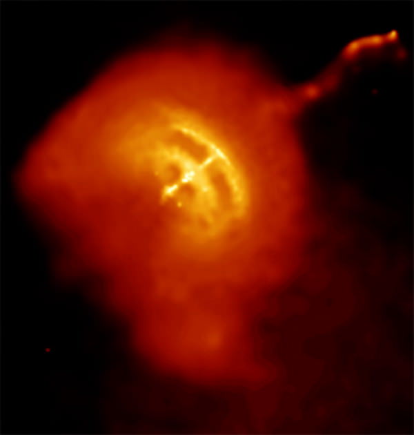 This Chandra image shows the Vela Pulsar as a bright white spot in the middle of the picture, surrounded by hot gas shown in yellow and orange. A jet of material is wiggling from the hot gas in the upper right. Image Credit: By NASA/CXC/PSU/G.Pavlov et al. - http://heasarc.gsfc.nasa.gov/docs/objects/heapow/archive/compact_objects/vela_pulsar_jet.html, Public Domain, https://commons.wikimedia.org/w/index.php?curid=135898