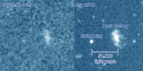 This image, taken with the Low Dispersion Survey Spectrograph on the Magellan Clay 6.5-m telescope at Las Campanas Observatory on July 9, 2018, shows SN 2016iet and its most likely host galaxy. Image credit: Harvard & Smithsonian Center for Astrophysics.