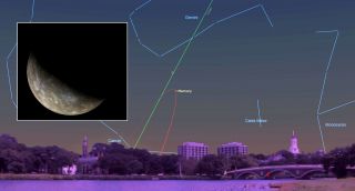 On Friday, Aug. 9, Mercury (orbit shown as a red curve) will reach an angle of 19 degrees west of the sun, its widest separation for this apparition. Due to the steeply dipping morning ecliptic (green line), this will be a good predawn apparition for Northern Hemisphere skywatchers, but a poor one for those viewing the planet from the Southern Hemisphere.