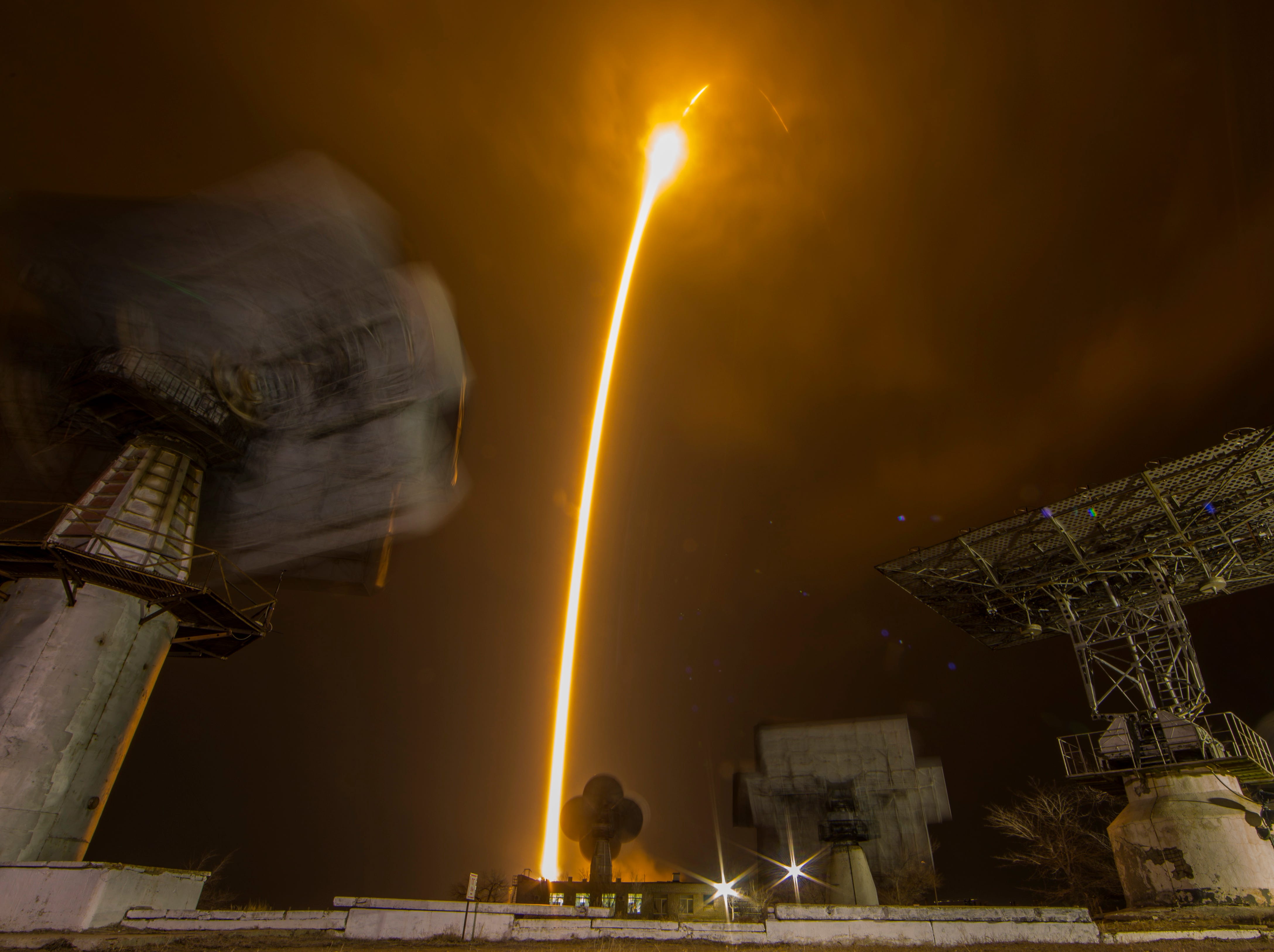 The Soyuz MS-12 spacecraft with crew members of Expedition 59/60 Russian cosmonaut Alexey Ovchinin, NASA astronauts Christina Koch and Nick Hague lists off from the launch pad at the Russian leased Baikonur cosmodrome, Kazakhstan on March 15, 2019. Hague, Koch, and Ovchinin will spend six-and-a-half months living and working aboard the International Space Station.