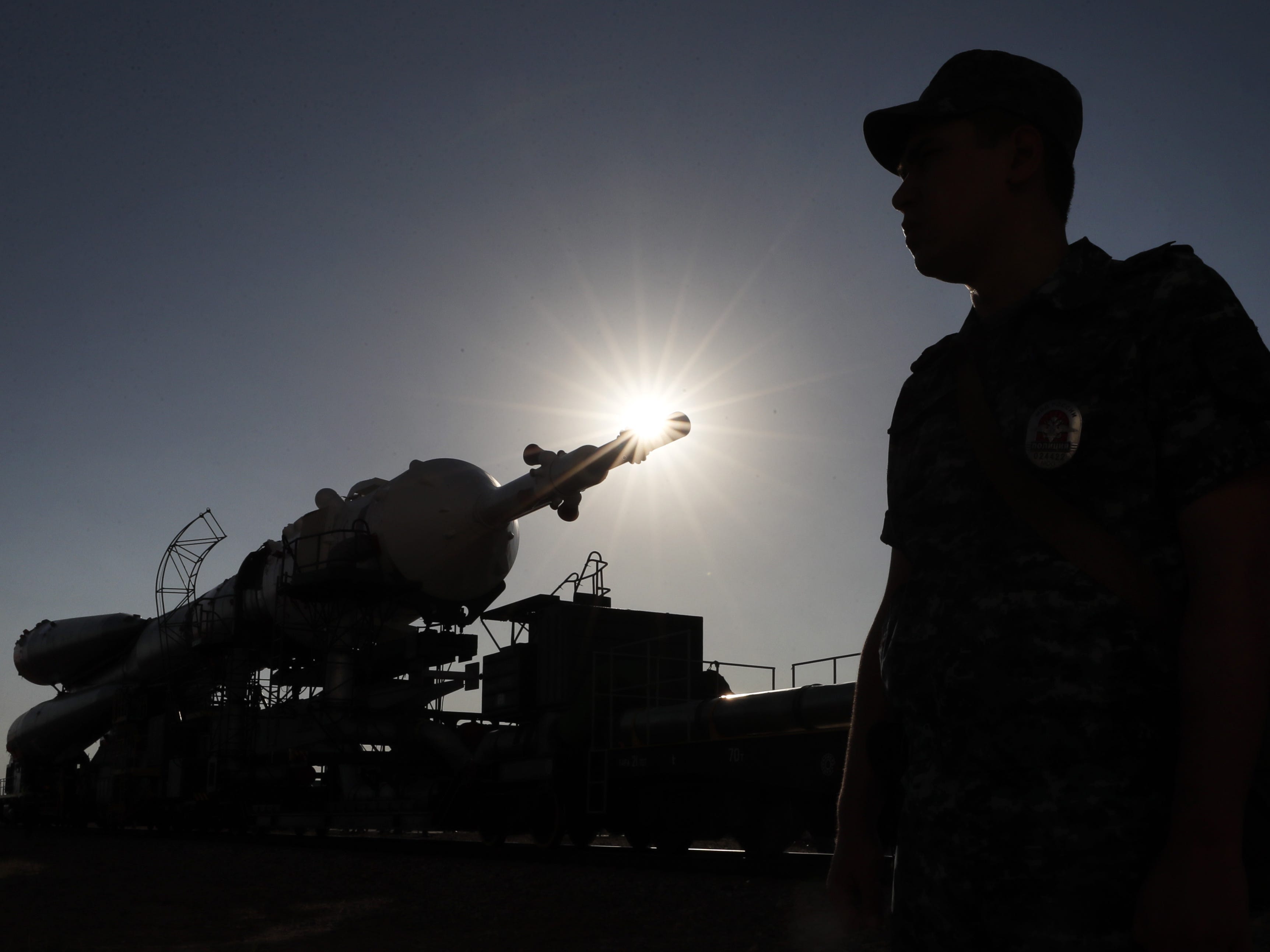 The Soyuz booster rocket with Soyuz MS-13 spacecraft is being rolled out to the launch pad by train at the Russian leased Baikonur cosmodrome, Kazakhstan, July 18, 2019. The launch of the mission is scheduled on July 20, from the Baikonur Cosmodrome in Kazakhstan. 