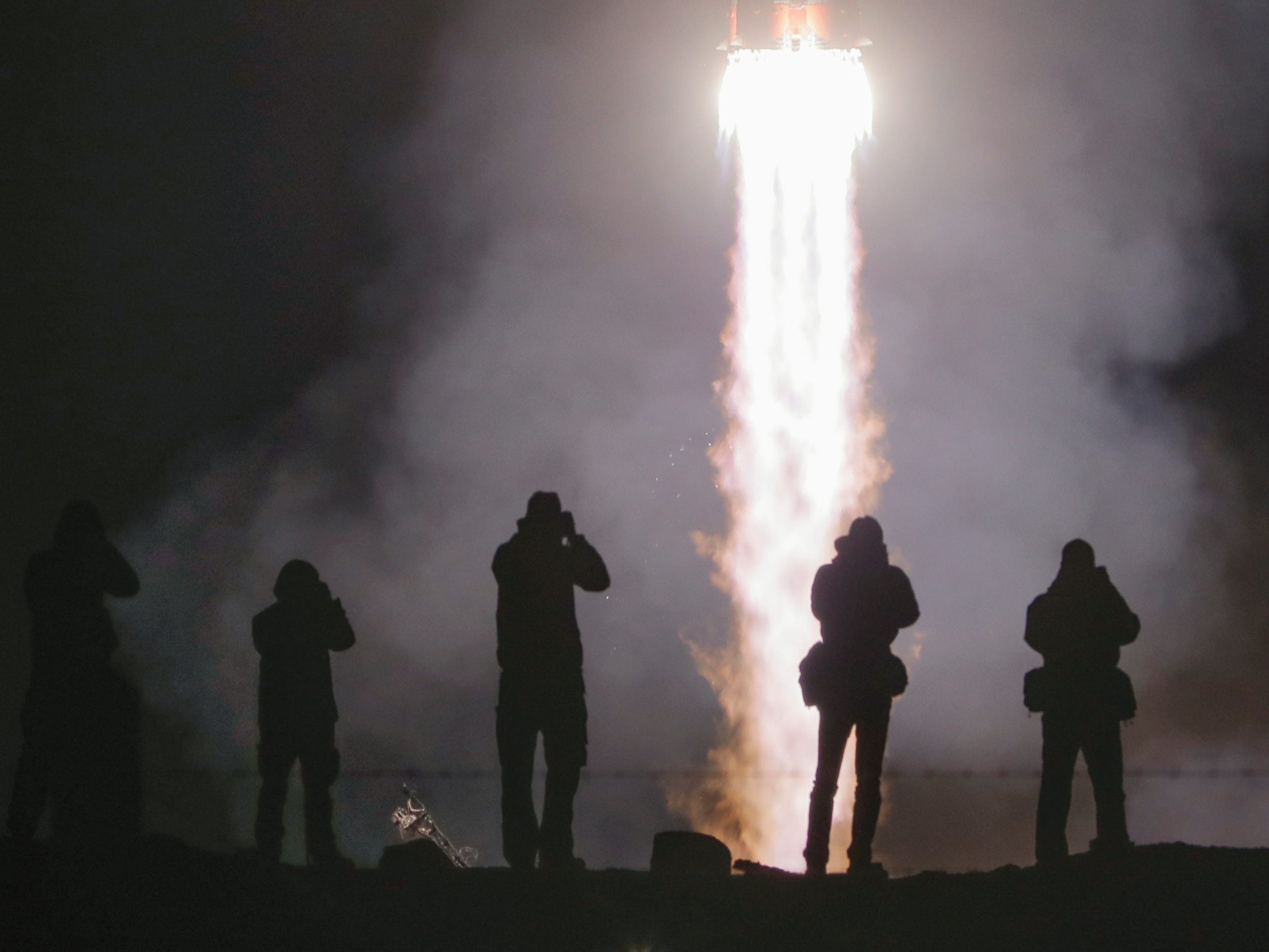 The Soyuz-FG rocket booster with Soyuz MS-12 space ship carrying a new crew to the International Space Station, ISS, blasts off at the Russian leased Baikonur cosmodrome, Kazakhstan, early Friday, March 15, 2019.