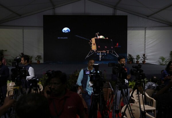 Animated graphics of Chandrayaan-2 landing module are displayed on a screen at a media center set up at Indian Space Research Organization's Telemetry, Tracking and Command Network facility in Bangalore on Sept. 6. (Aijaz Rahi/AP)