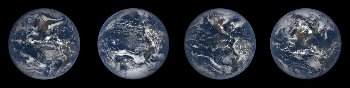 Four views of Earth from the DSCOVR satellite 1.5 million km from Earth toward the Sun — this is the view you’d have facing the Earth with the Sun at your back. From left to right: Sep 23, 2018, Dec. 21 2018, Mar. 20 2019, and Jun 21, 2019.