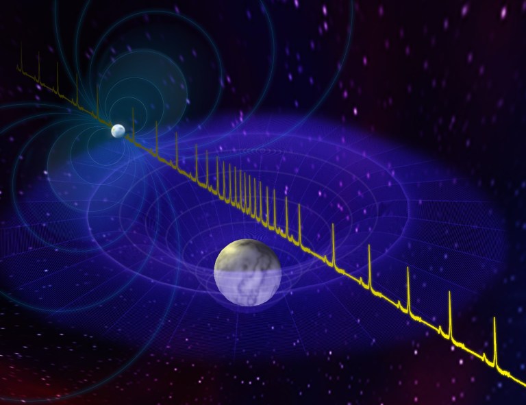  Artist impression of the pulse from a massive neutron star being delayed by the passage of a white dwarf star between the neutron star and Earth. Credit: BSaxton, NRAO/AUI/NSF 