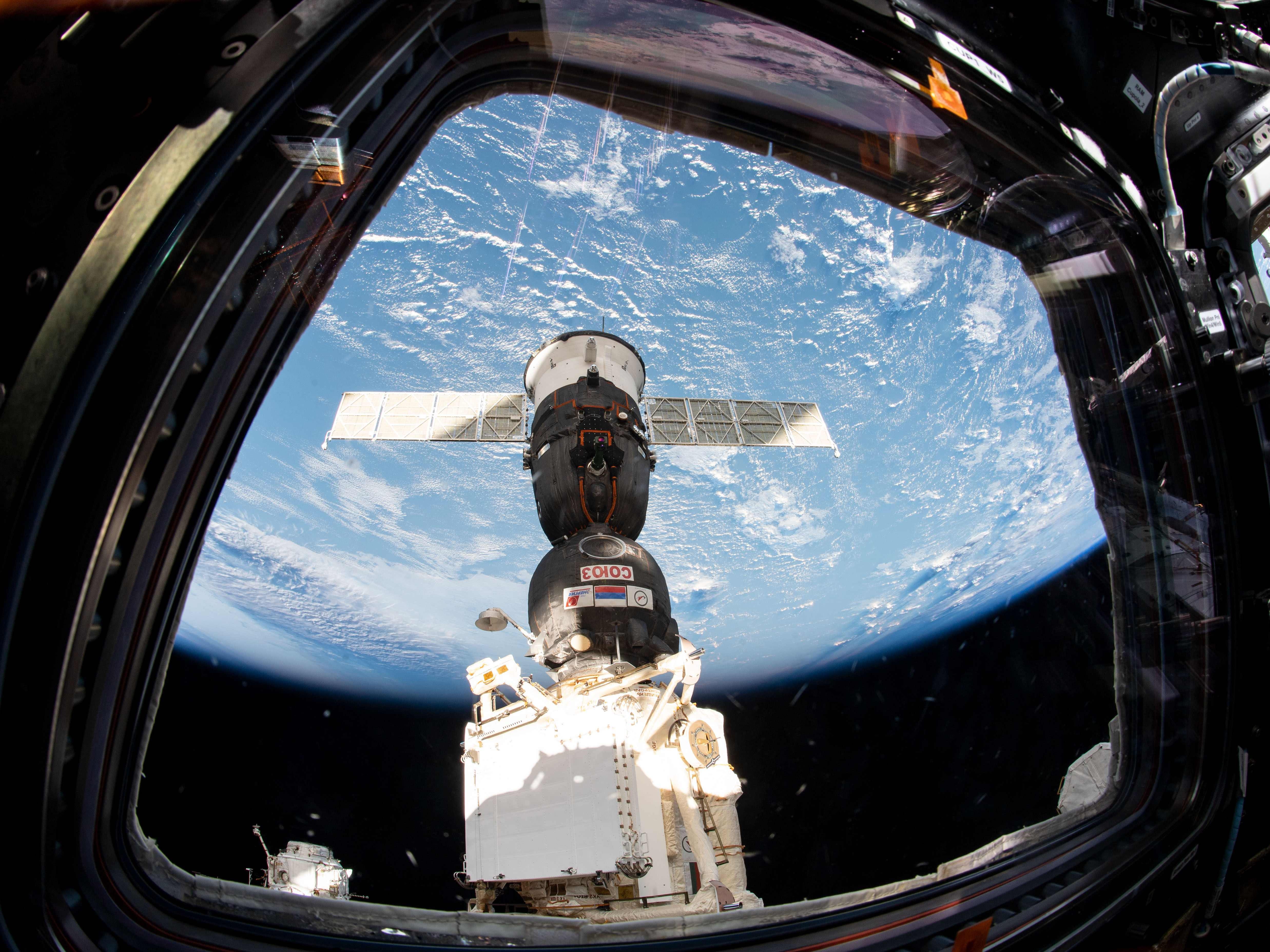 This NASA photo shows the Soyuz MS-12 spacecraft that launched three new Expedition 59-60 crew members to the International Space Station as it docked to the Rassvet module on March 15, 2019. Cosmonaut Alexey Ovchinin from Roscosmos commanded the Soyuz crew ship flanked by NASA astronauts Nick Hague and Christina Koch during the five-hour, 47-minute trip that began at the Baikonur Cosmodrome in Kazakhstan.