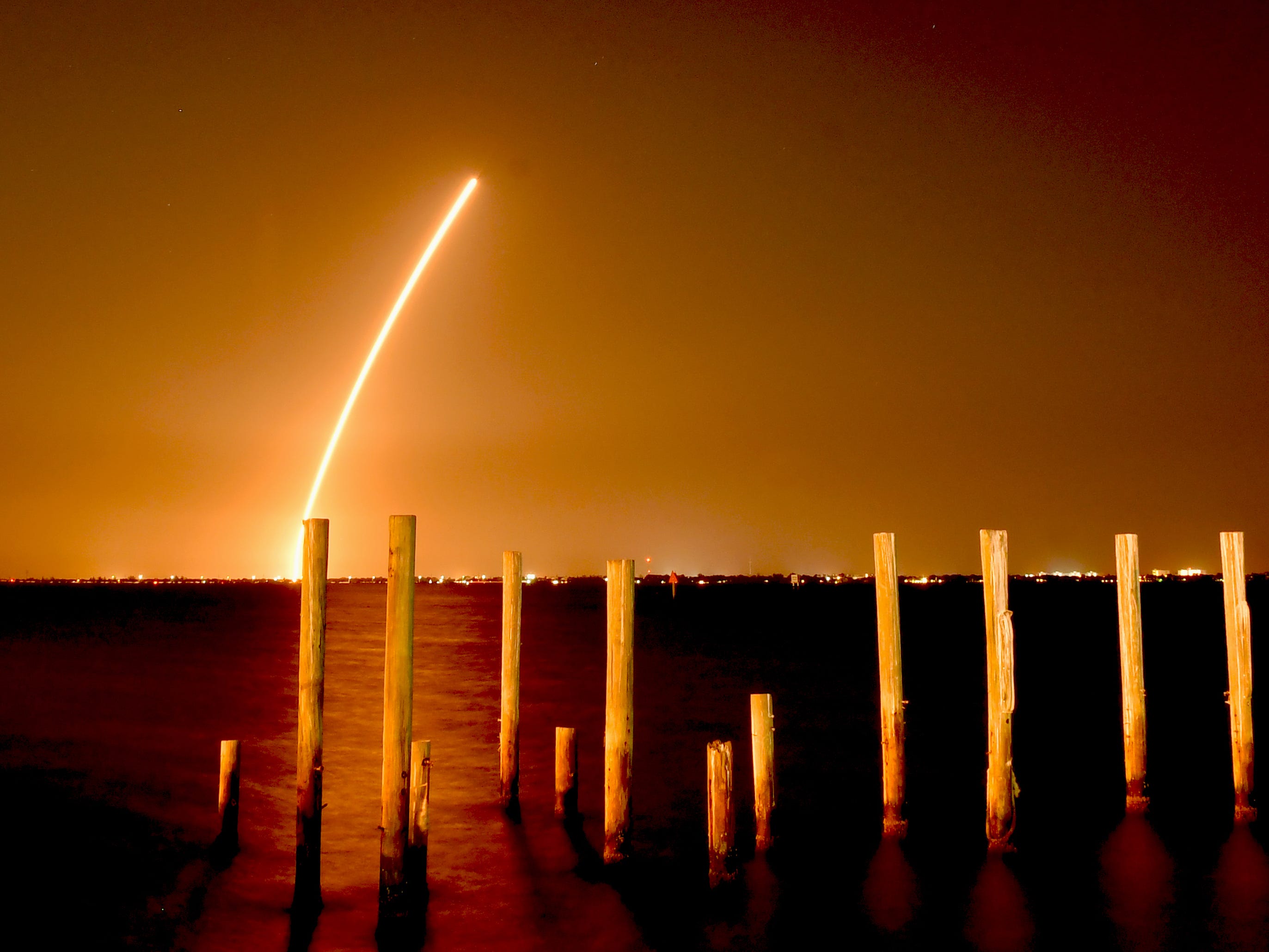 A time exposure of the Delta IV launch from Cape Canaveral Air Force Station, as seen from the edge of Indian River Lagoon, just north of the Melbourne Causeway, March, 15, 2019.