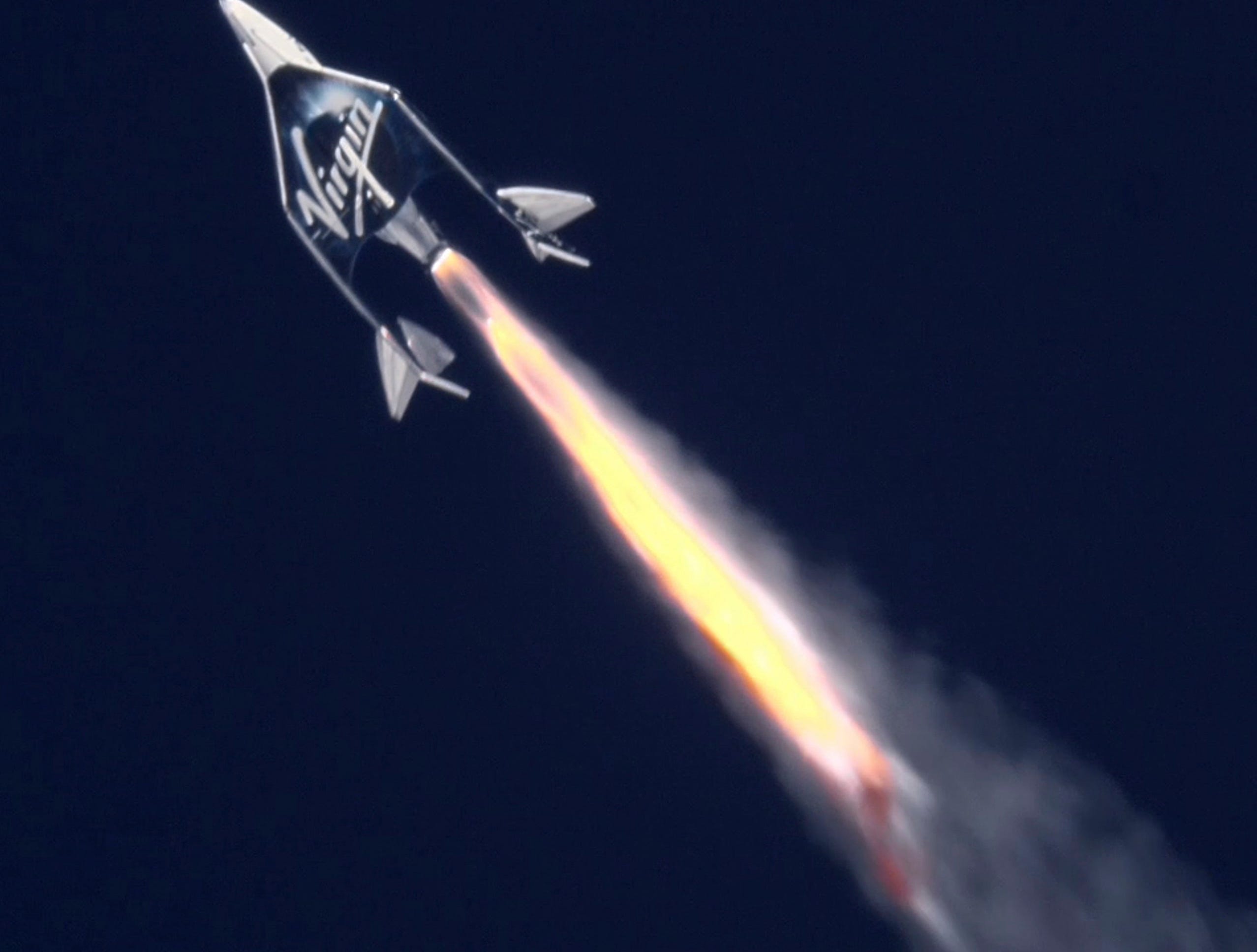 This is the Virgin Galactic spaceship VSS Unityafter release from the WhiteKnightToo launch vehicle as it heads towards spaced over Mojave, Calif. Feb. 33, 2019. According to the company the vehicle made its second successful space flight with three astronauts aboard as the hybrid rocket motor propelled the spaceship at Mach 3.04 to an apogee of 55.87 miles above the earth. 