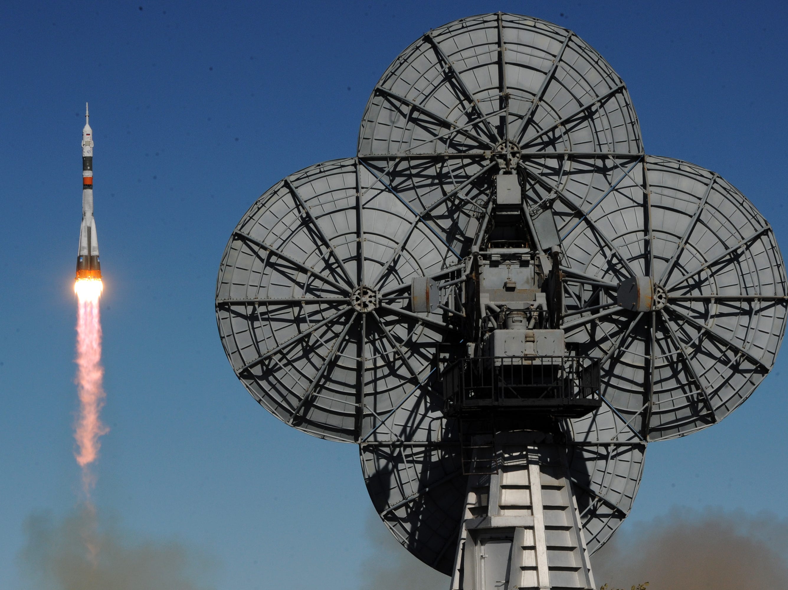 Russia's Soyuz MS-10 spacecraft carrying the members of the International Space Station blasts off from the launch pad at the Russian-leased Baikonur cosmodrome in Baikonur. Oct. 11, 2018.