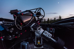 Pine Mountain Observatory telescope open to the stars just after sunset