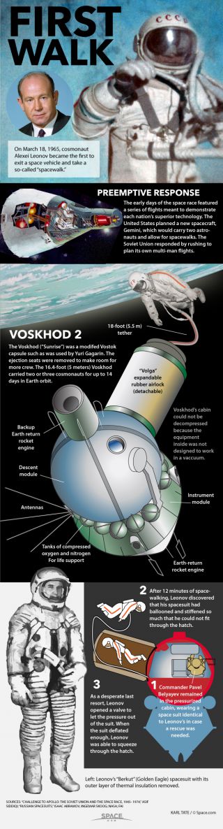 Cosmonaut Alexei Leonov made history on March 18, 1965 when he made the first spacewalk in history. <a href=http://www.space.com/28868-how-first-spacewalk-worked-infographic.html>See how that first spacewalk worked in our full infographic</a>.