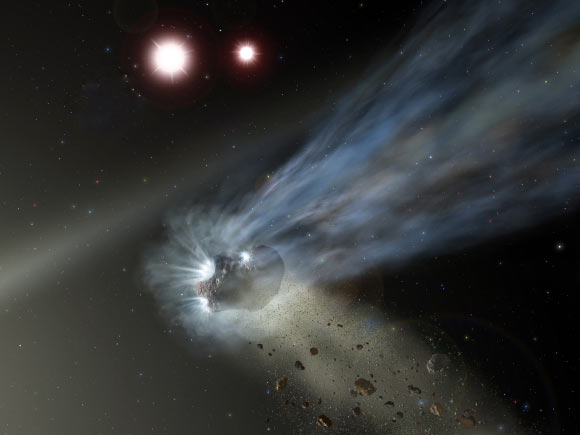 An artist’s depiction of a comet and red dwarfs Kruger 60A and B. Image credit: NASA / SOFIA / Lynette Cook / Sci-News.com.