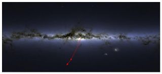 The location and direction of the star S5-HVS1 in the night sky. The star is rocketing away from the center of our galaxy.