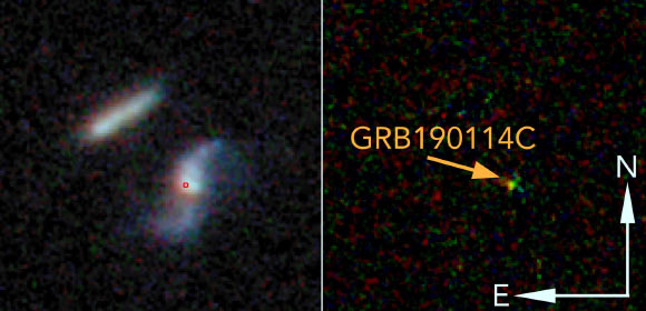 GRB 190114C: the left panel shows a close pair of interacting galaxies, which is a host system of GRB 190114C; the location of GRB 190114C is indicated with a red circle; the right panel shows the optical counterpart of GRB 190114C. Image credit: de Ugarte Postigo et al, arXiv: 1911.07876.