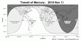 A visibility map for the Mercury transit on Nov. 11, 2019. 