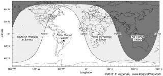 This map by astronomer Fred Espenak shows where and when the transit of Mercury on Nov. 11, 2019, will be visible across Earth's surface.