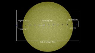 This image shows the predicted positions of Mercury for the Nov. 11, 2019, transit. The blue circles represent the apparent size of Mercury relative to the sun and are spaced 30 minutes apart. The backdrop is an image of the sun taken on Oct. 23, 2019.