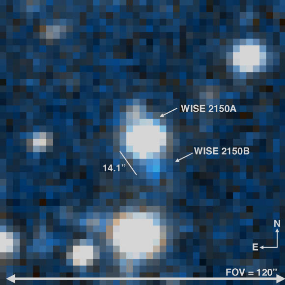 This image shows the brown dwarf binary system WISE 2150-7520AB. Image credit: Faherty et al, arXiv: 1911.04600.