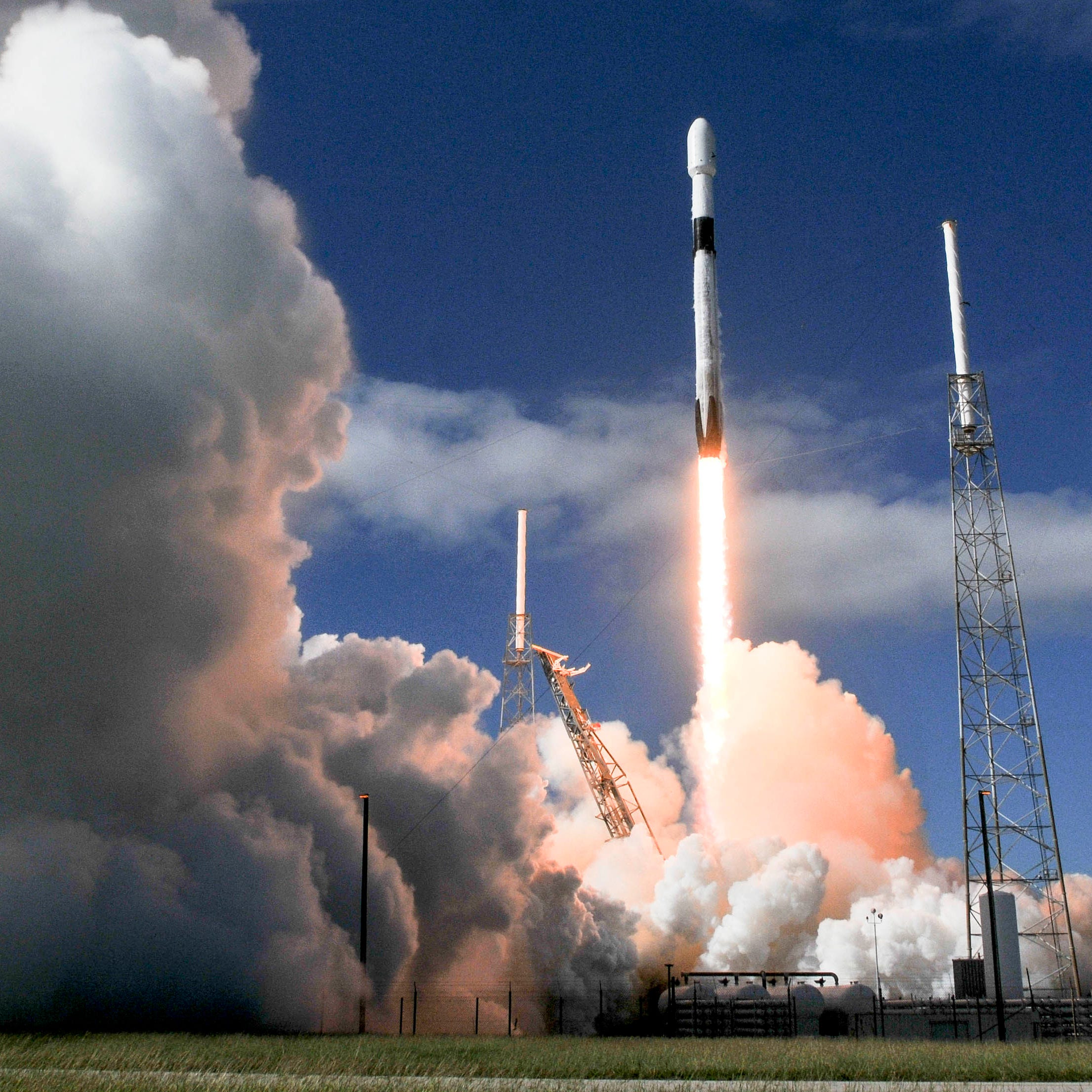 A SpaceX Falcon 9 rocket lifts off from Cape Canaveral Air Force Station on Monday, Nov. 11, 2019, with 60 Starlink communications satellites.