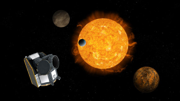 An artist’s impression of Cheops with an exoplanet system in the background. Image credit: ESA / ATG Medialab.