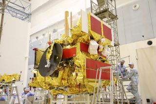 Engineers prepare Russia's Electro-L 2 geostationary weather satellite for launch in December 2019.