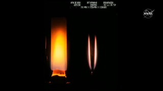 An image of cotton burning from different perspectives on the confined combustion experiment on the International Space Station. 