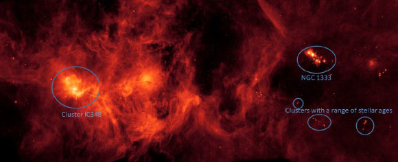 An annotated version of the Spitzer image of the Perseus molecular cloud. Image credit: NASA / JPL-Caltech.