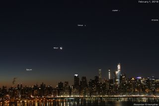 Alexander Krivenyshev of WorldTimeZone.com captured this alignment of Saturn, the crescent moon, Venus, Jupiter and the red supergiant star Antares over Manhattan during the predawn hours of Feb. 1, 2019.