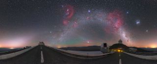 Colorful cosmic "fireworks" decorate the night sky over the La Silla observatory in Chile in this gorgeous image by the European Southern Observatory's resident astrophotographer Petr Horálek. Above the Milky Way and to the left are two nebulas that appear to form a question mark in the sky: an arc known as Barnard's Loop and the nearly-circular Angelfish Nebula right below it. These two nebulas are part of the Orion Molecular Cloud Complex. 