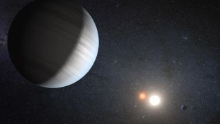 An illustration of Kepler-47, an exoplanet that, like DS Tuc Ab, orbits, two suns.