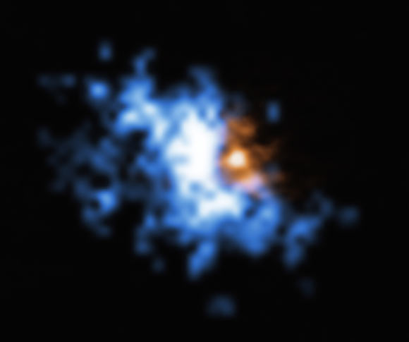 This image shows one of the gas halos observed with the MUSE instrument on VLT superimposed to an older image of a galaxy merger obtained with ALMA. The large-scale halo of hydrogen gas is shown in blue, while the ALMA data is shown in orange. Image credit: ESO / Farina et al / ALMA / NAOJ / NRAO / Decarli et al.