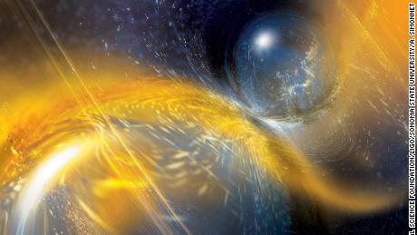 An artist&#39;s depiction of two neutron stars colliding.