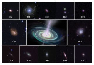 Images of galaxies that contain massive black holes, surrounding an artist's depiction of such an object.