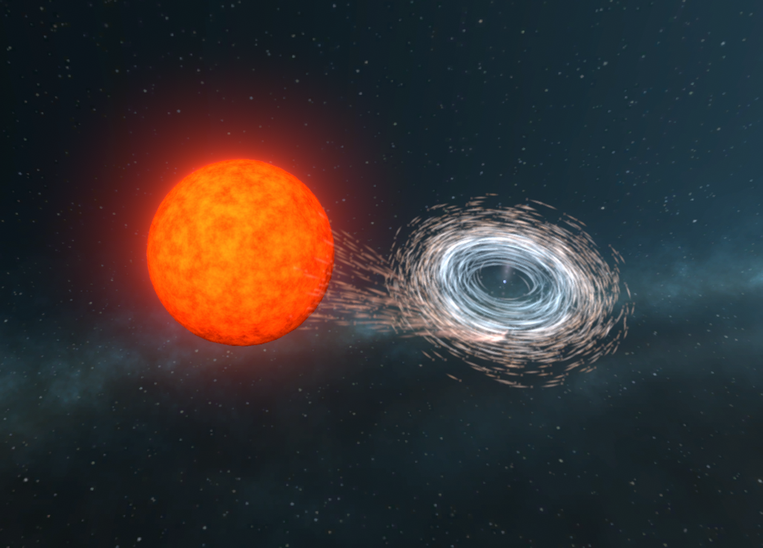 Illustration of a white dwarf being spun-up by the transfer of matter from its companion. (ARC Centre of Excellence for Gravitational Wave Discovery)