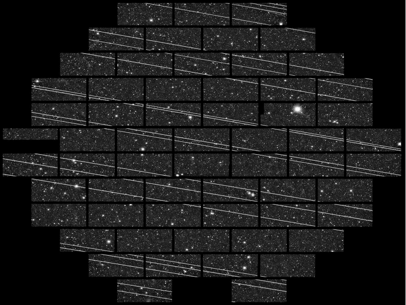 This is what astronomers are concerned about. Few Starlink satellites visible in a mosaic of an astronomical image (courtesy of NSF’s National Optical-Infrared Astronomy Research Laboratory/NSF/AURA/CTIO/DELVE) 