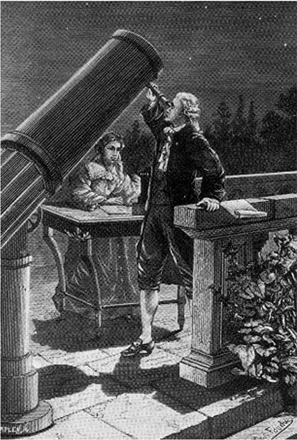 Caroline Herschel taking notes as her brother William observes on March 13, 1781, the night William discovered Uranus. (H.Seldon / Public Domain)