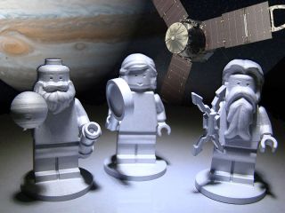 Onboard NASA’s Juno spacecraft are Lego minifigures of the Roman god Jupiter (right), his wife Juno (center) and the discoverer of the planet, Galileo Galilei (left).