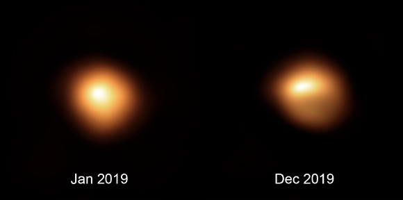 This comparison image shows Betelgeuse, which is also known as Alpha Orionis, before and after its unprecedented dimming. The observations, taken with the SPHERE instrument on ESO’s Very Large Telescope in January and December 2019, show how much the star has faded and how its apparent shape has changed. Image credit: ESO / M. Montargès et al.